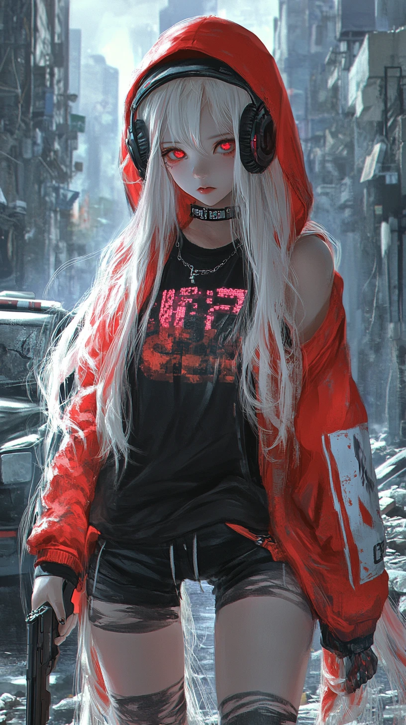 Anime girl with pistol in a ruined city street
