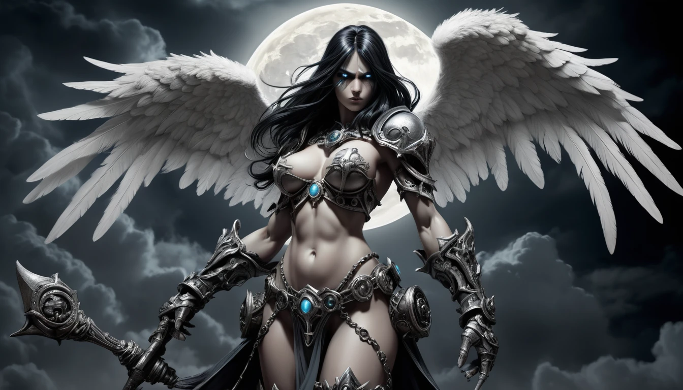 Fallen angel woman on gothic cathedral steps at night