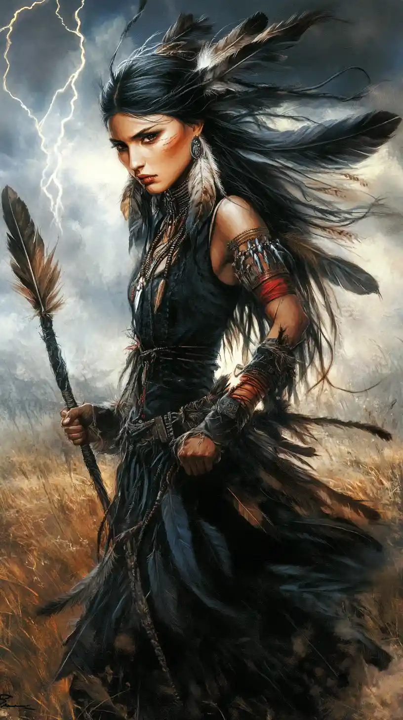 Fierce native warrior woman on a storm swept prairie