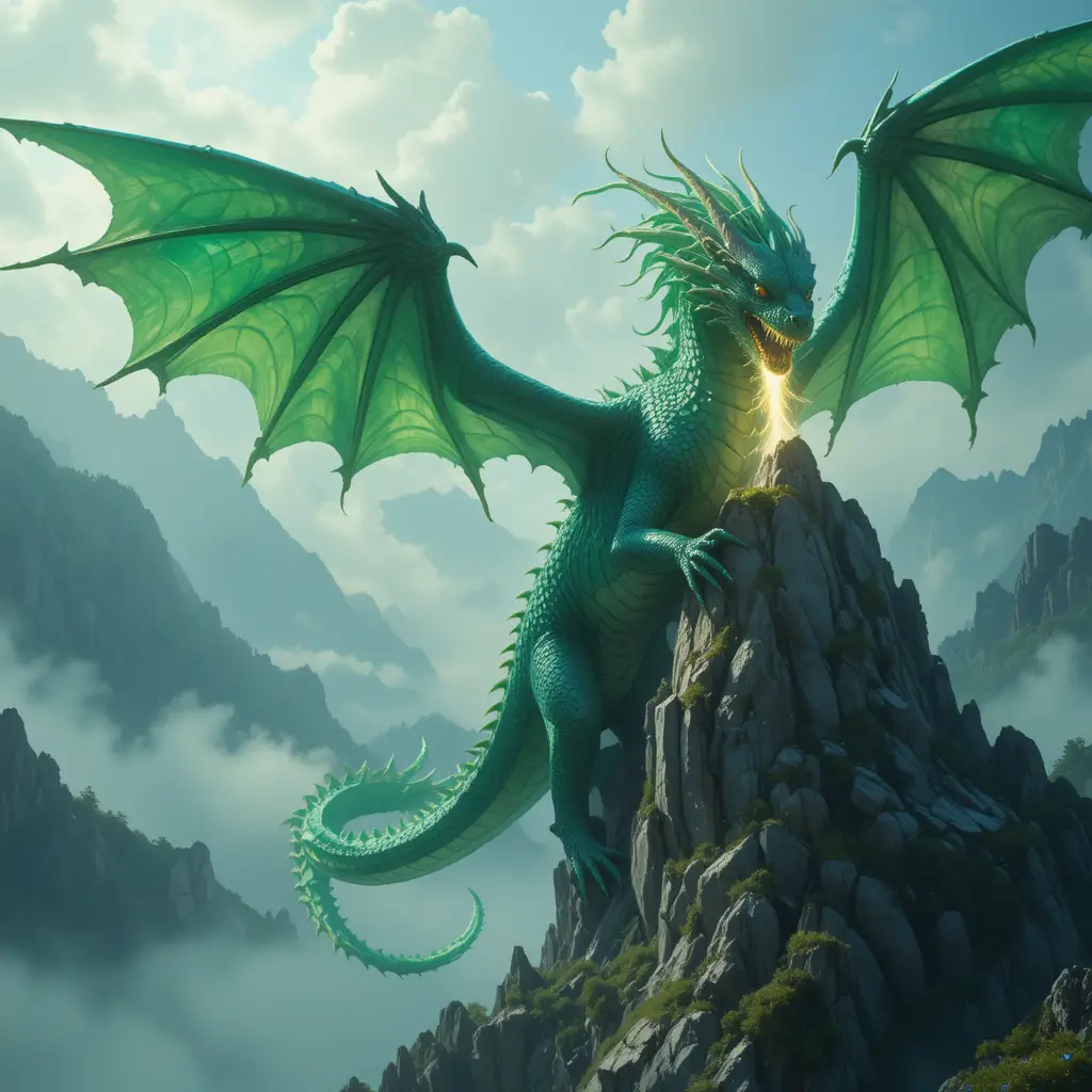 Majestic green dragon clutching a misty mountain peak