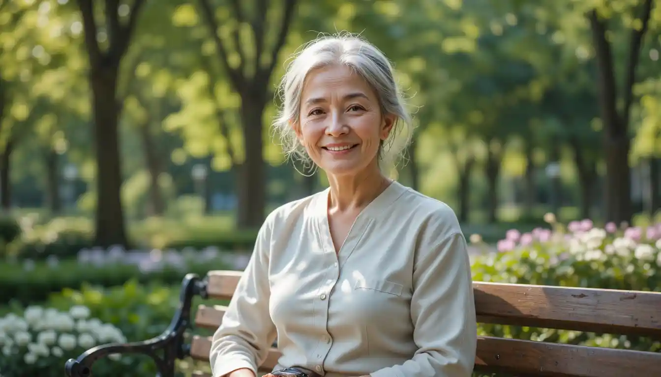 Elderly woman resting on a park bench in sunlight