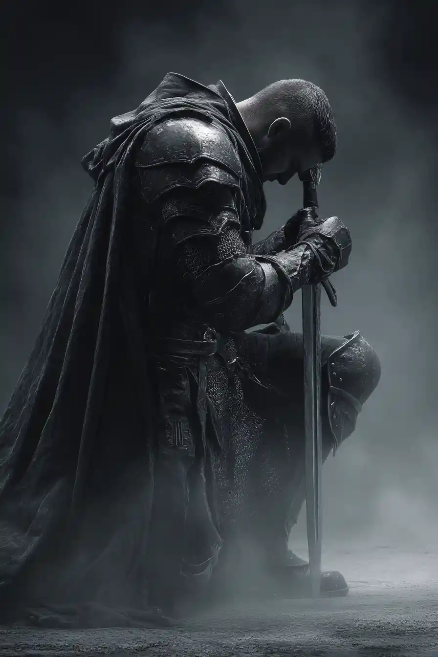 Warrior Kneeling In Moonlit Fog Before Battle