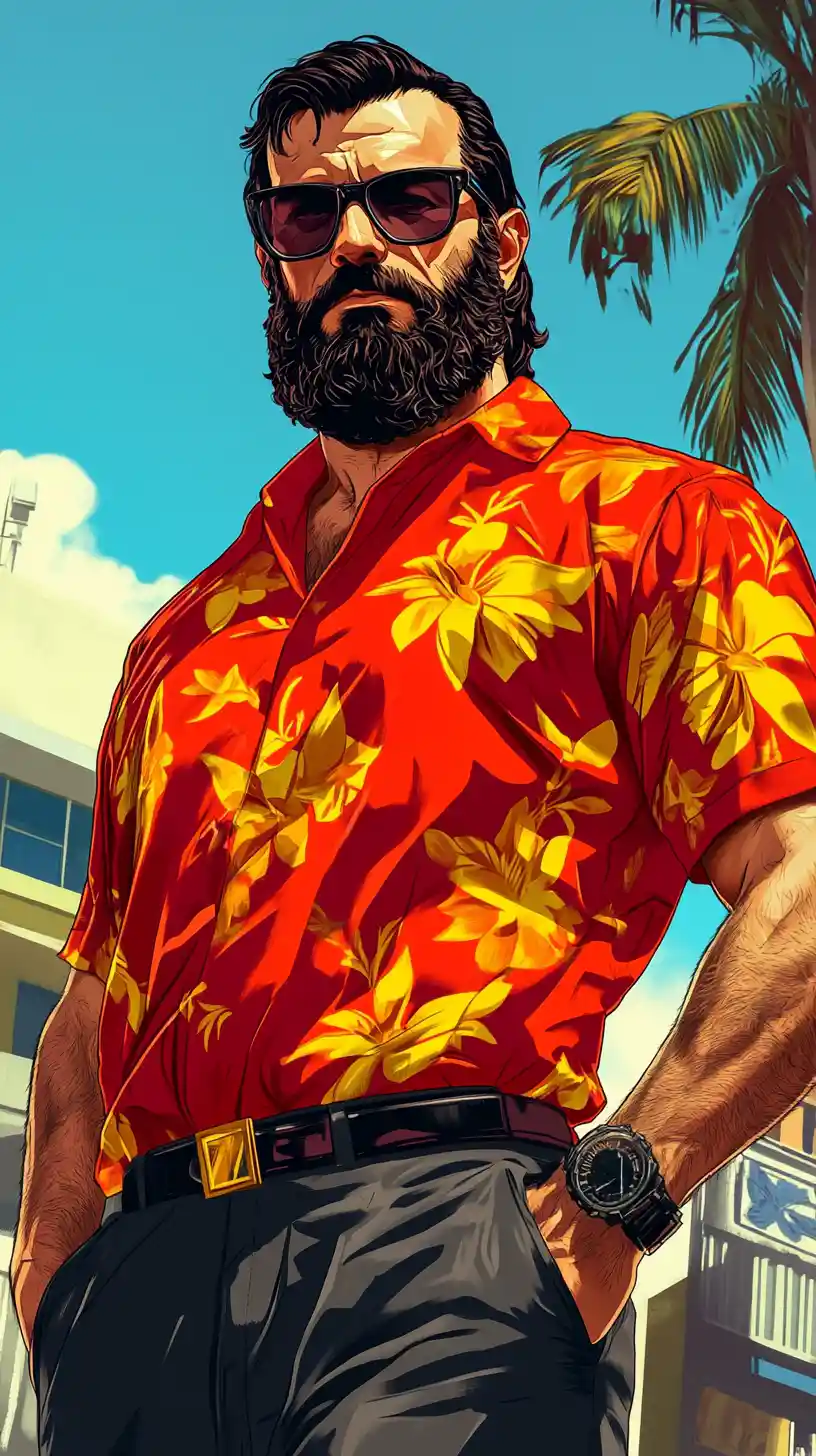 Bearded Greek warrior in fighting stance with red floral shirt