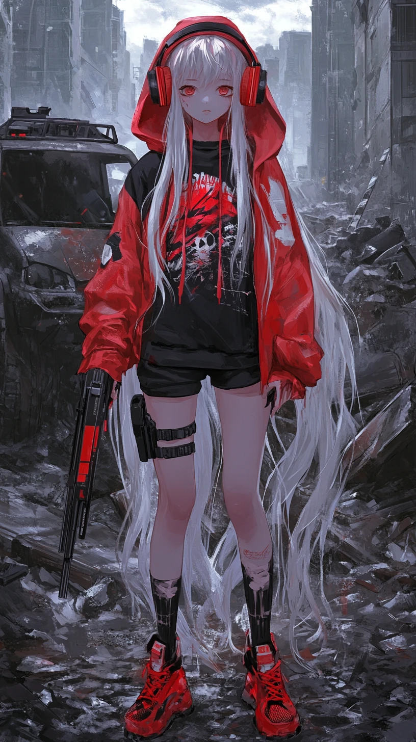 Anime girl with pistol in ruined urban battlefield
