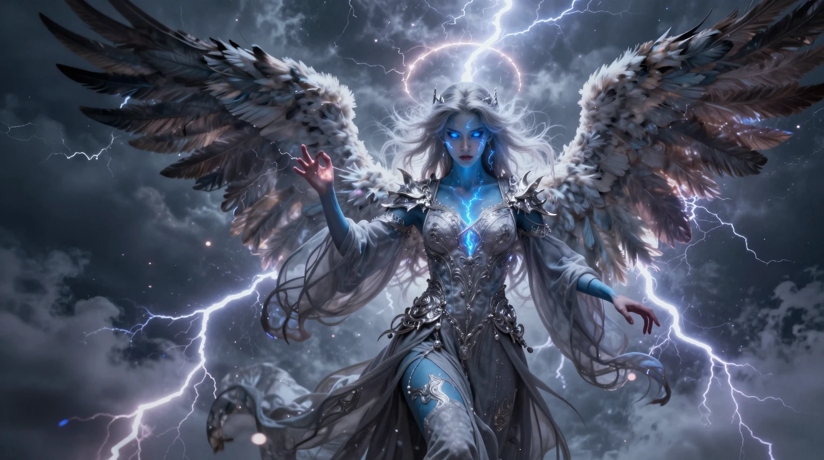 Storm sorceress commanding lightning in a dark sky
