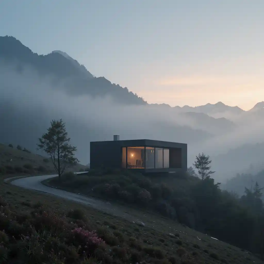 Casa minimalista tra montagne nebbiose all'alba con strada tortuosa