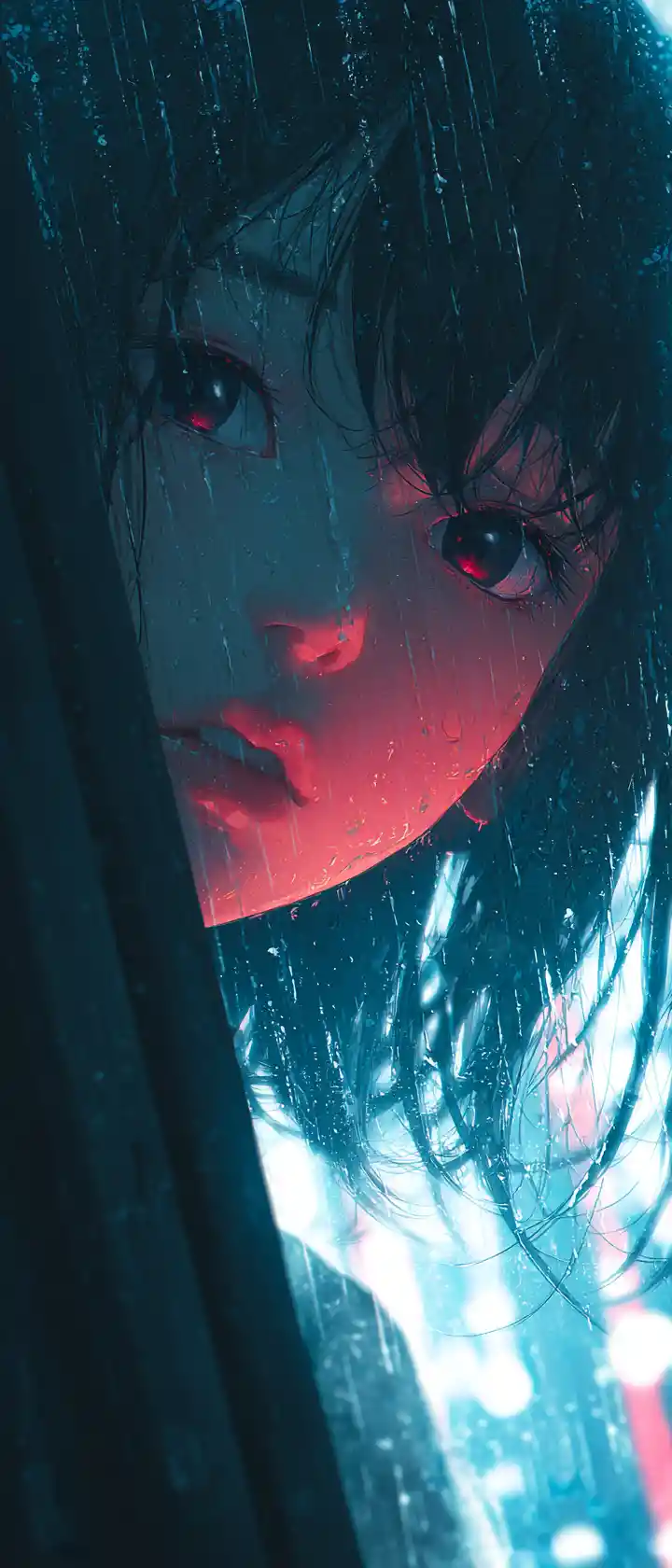 Vampire girl staring at her reflection in rainy window
