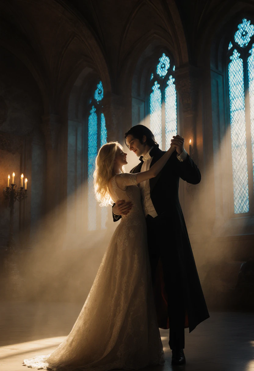 Vampire couple slow dancing in a candlelit gothic ballroom