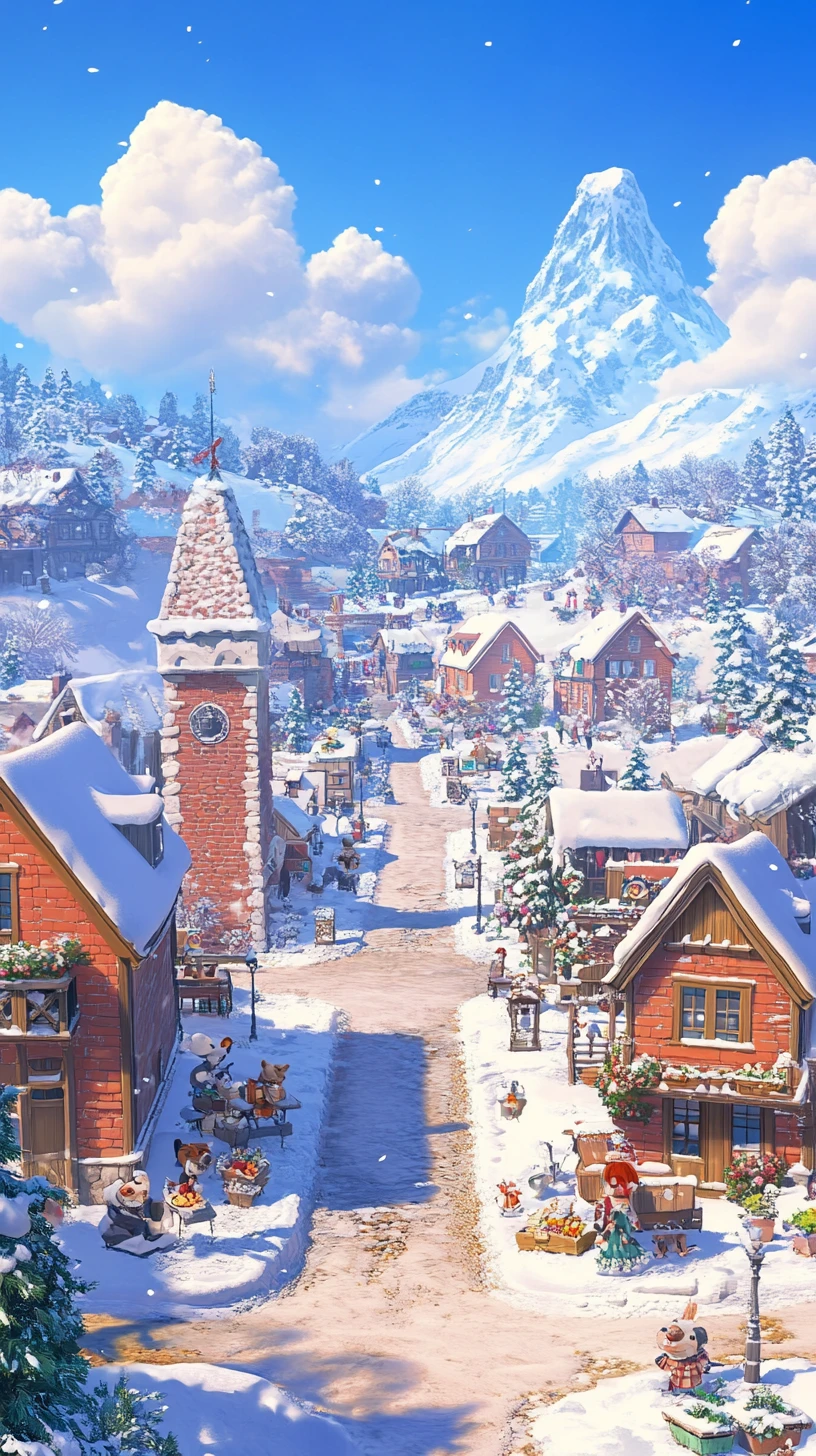Snowy Medieval Fantasy Town With Cute Animal Residents