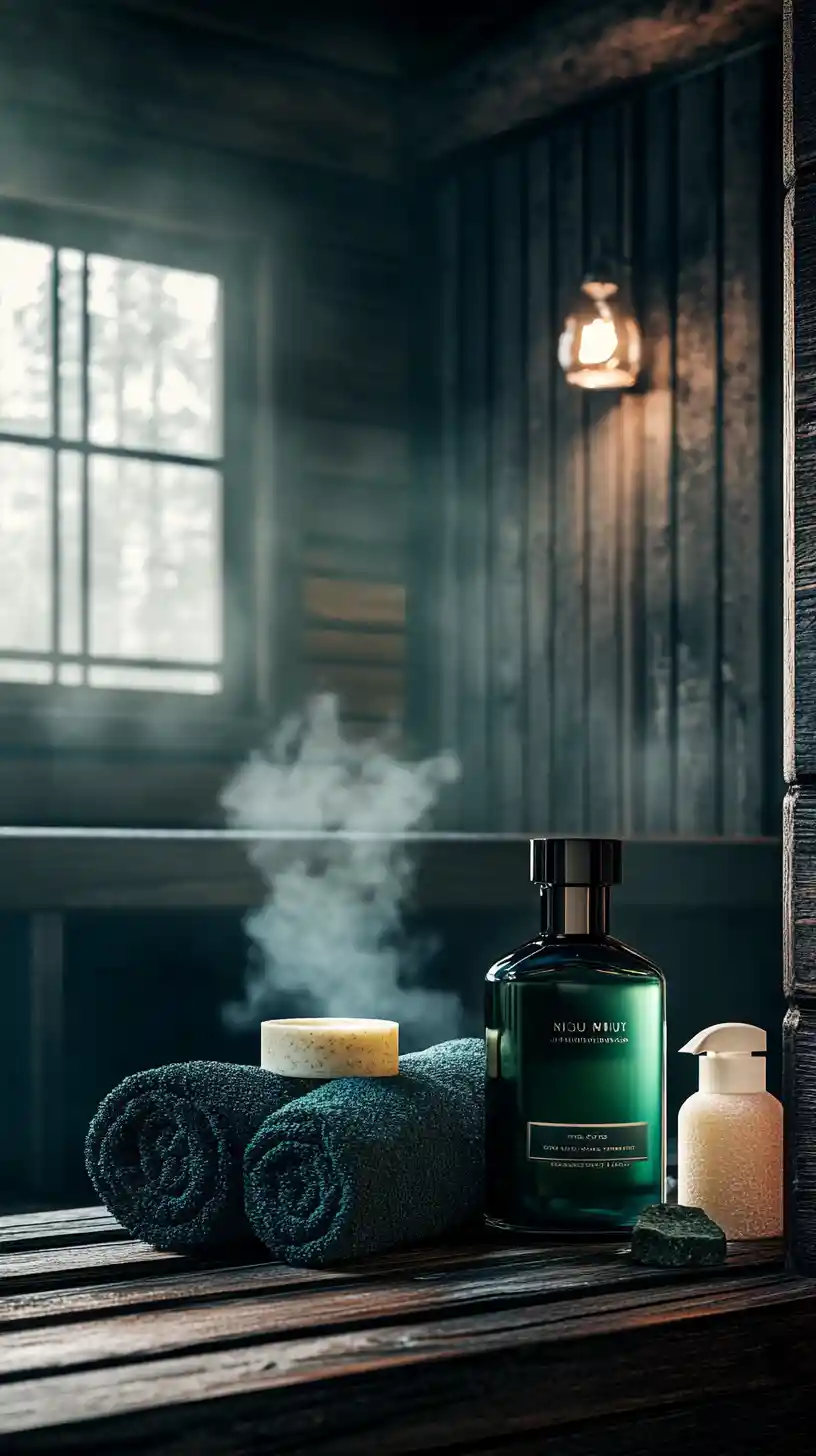 Luxurious spa products arranged in a tranquil wooden sauna