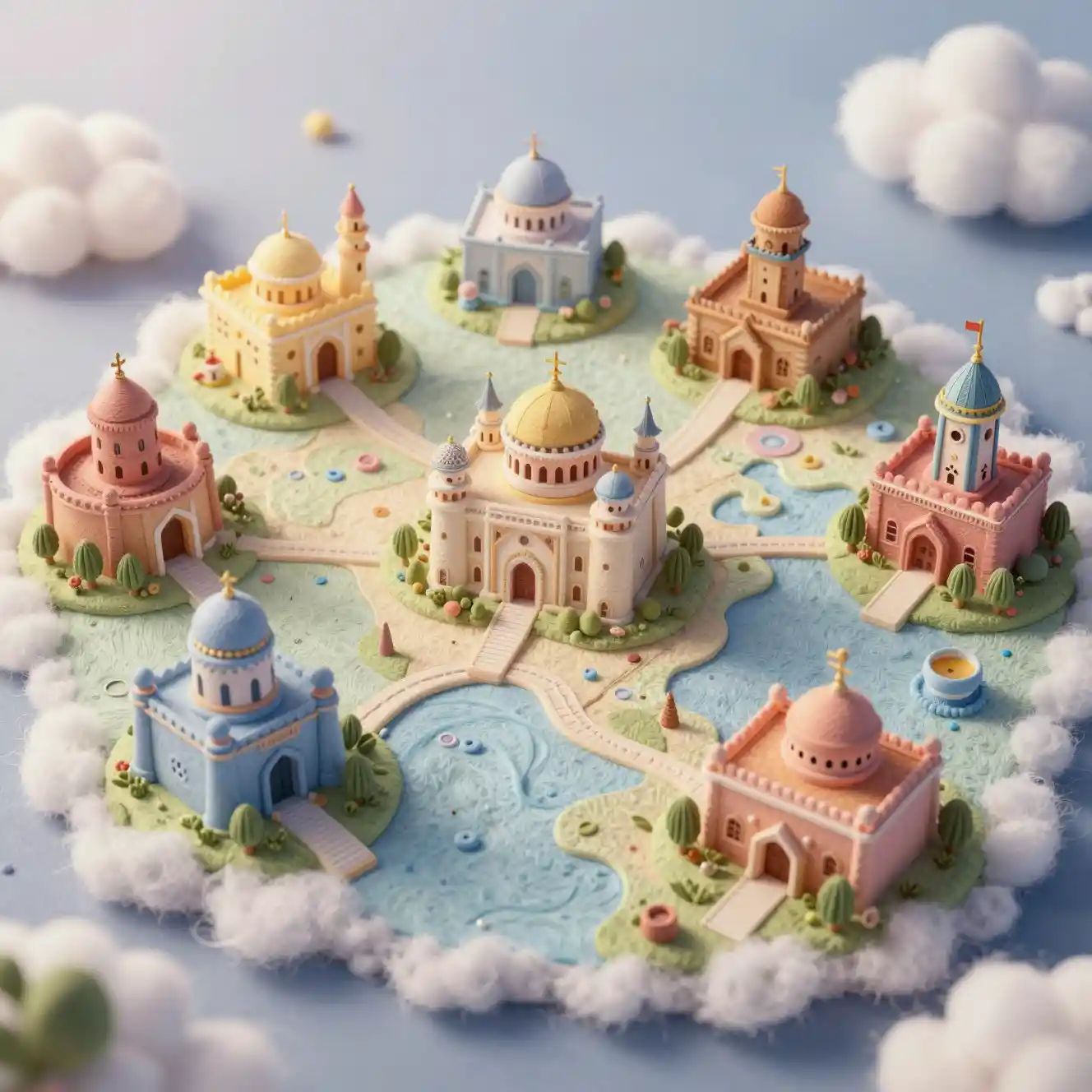 Mappa diorama in miniatura di cittadine mediorientali pastello in stile fiabesco