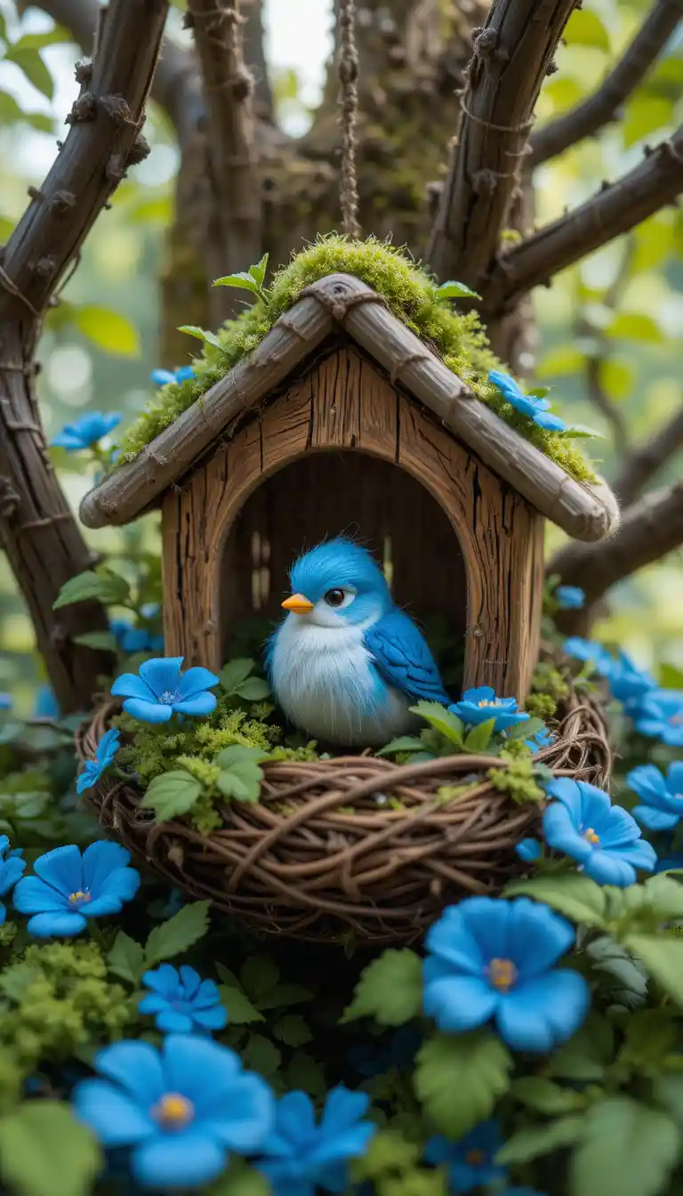Whimsical Woolen Bird In A Cozy Treehouse Nest