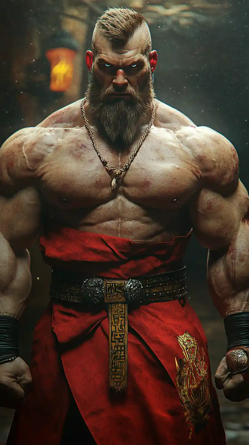 Enormous Russian wrestler in anime street fighting stance