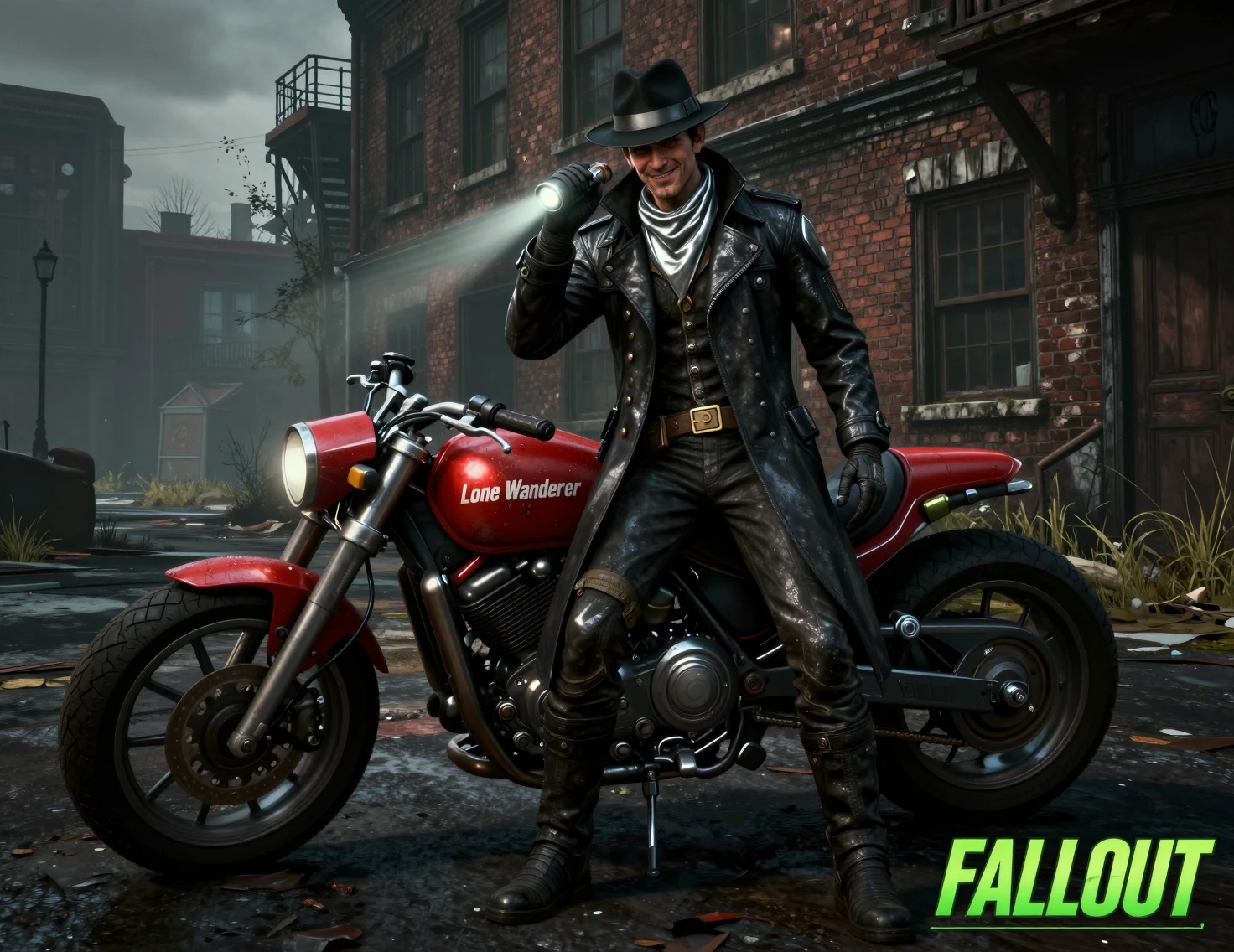 Smiling sci fi detective with motorcycle in ruined city street