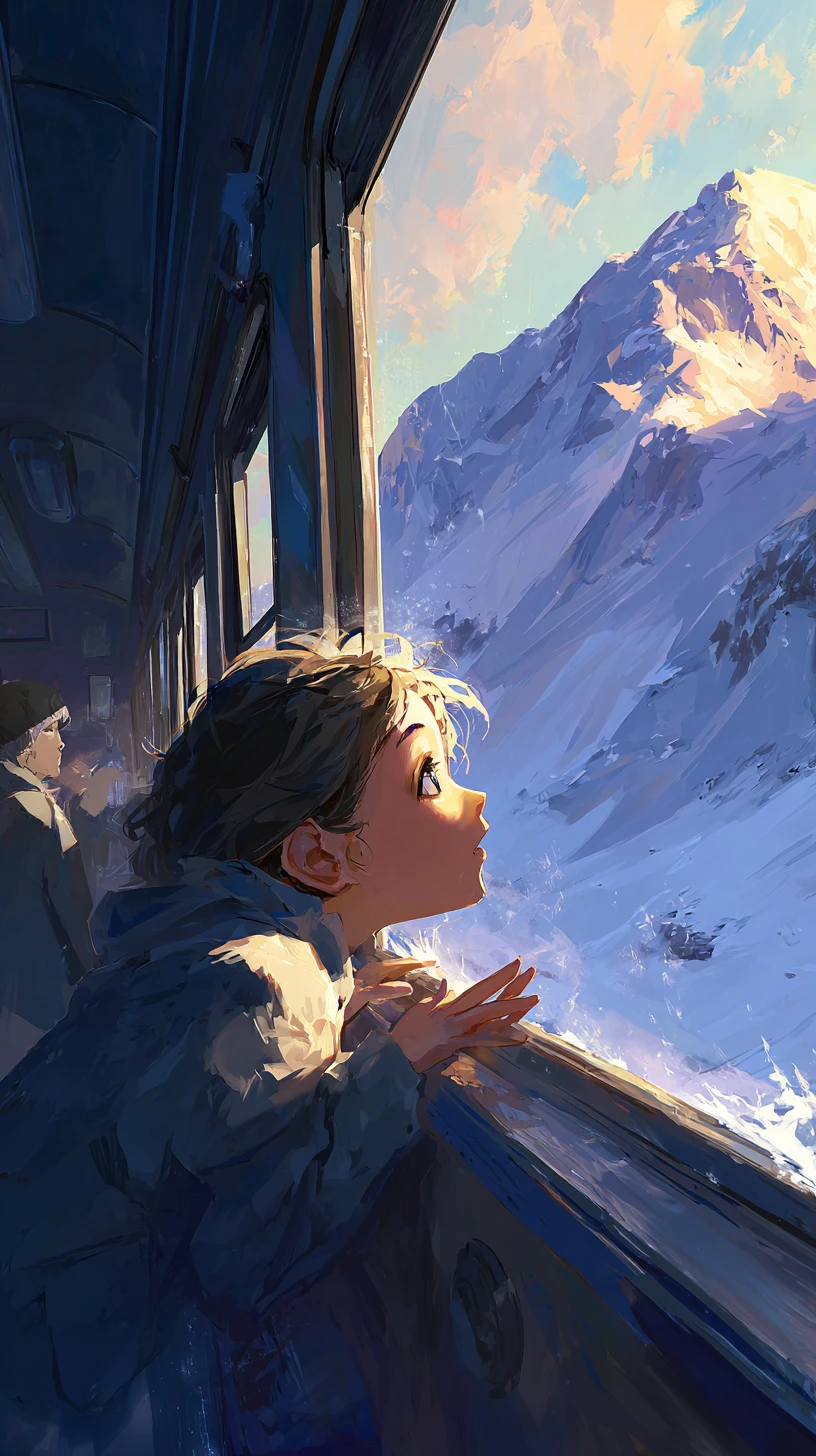 Boy Reaching For Sunlight On Snowy Mountain From Train Window