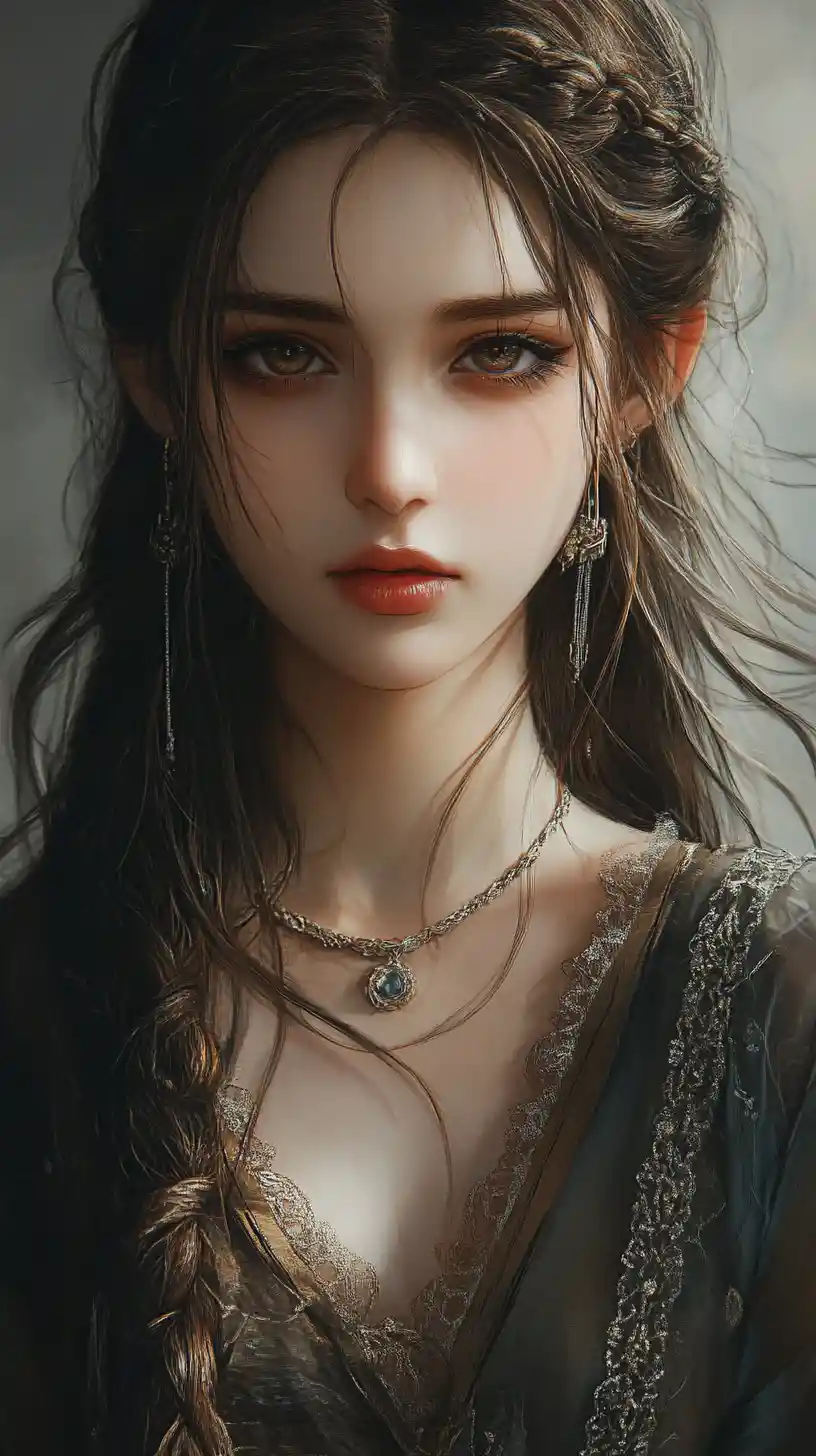 Mysterious woman portrait with jeweled chains and braid