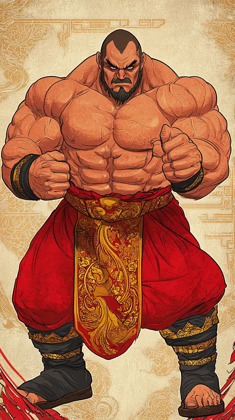 Enormous Russian wrestler in dynamic anime fighting stance