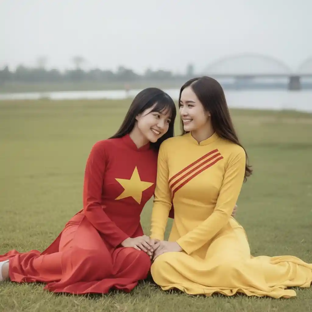 Two young sisters talking on a grassy riverside field