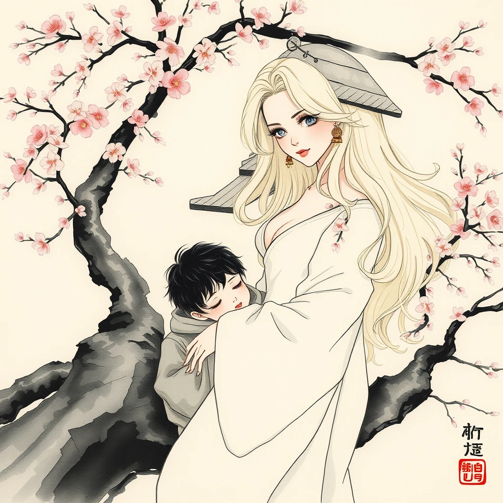 Serene ink wash scene of a woman embracing a child
