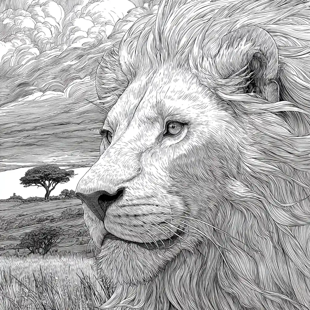 Intricate Line Art Portrait Of A Majestic Lion