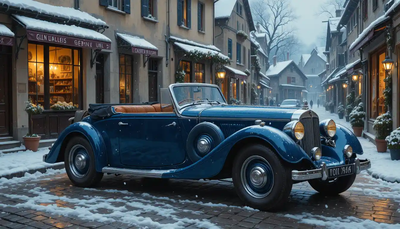 Cabriolet d’epoca blu in una via innevata di un villaggio europeo