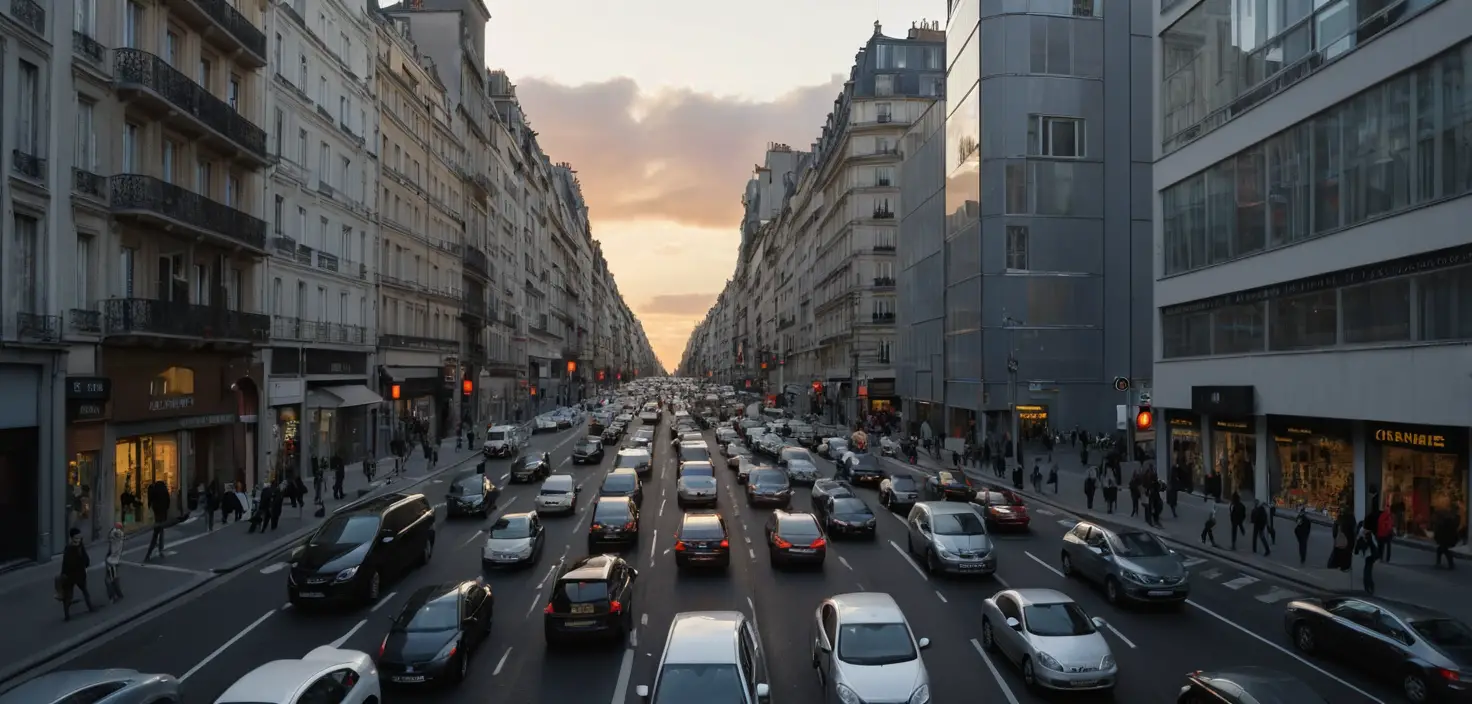 Futuristic megacity skyline at golden hour with tiny traffic