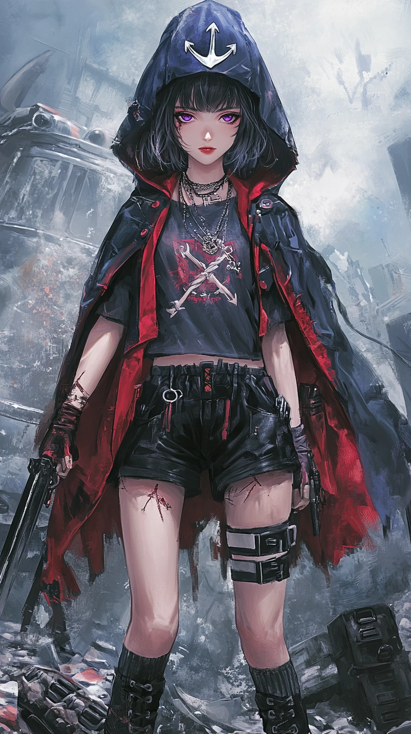 Girl warrior with sword in a ruined city street