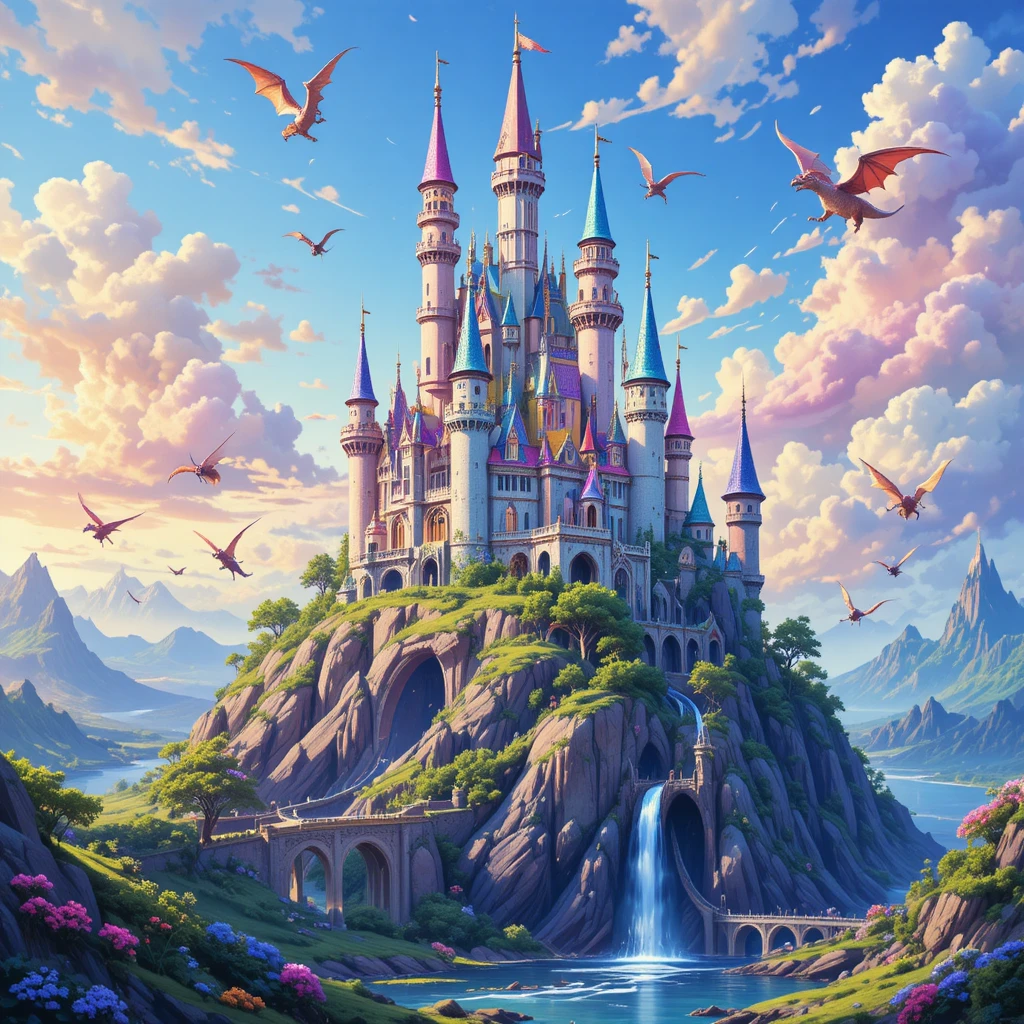 Castello fantasy arcobaleno su una collina con draghi volanti