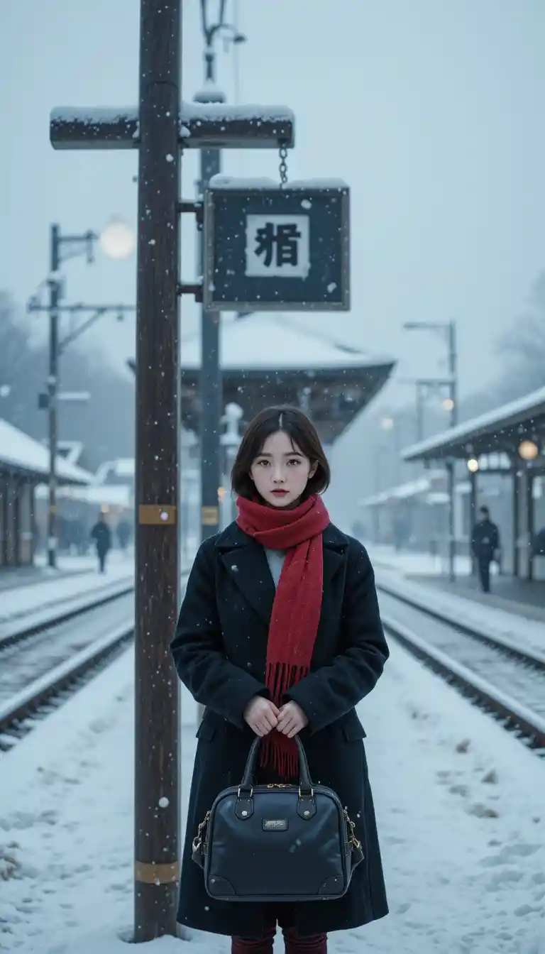 Giovane ragazza in una stazione ferroviaria rurale giapponese innevata