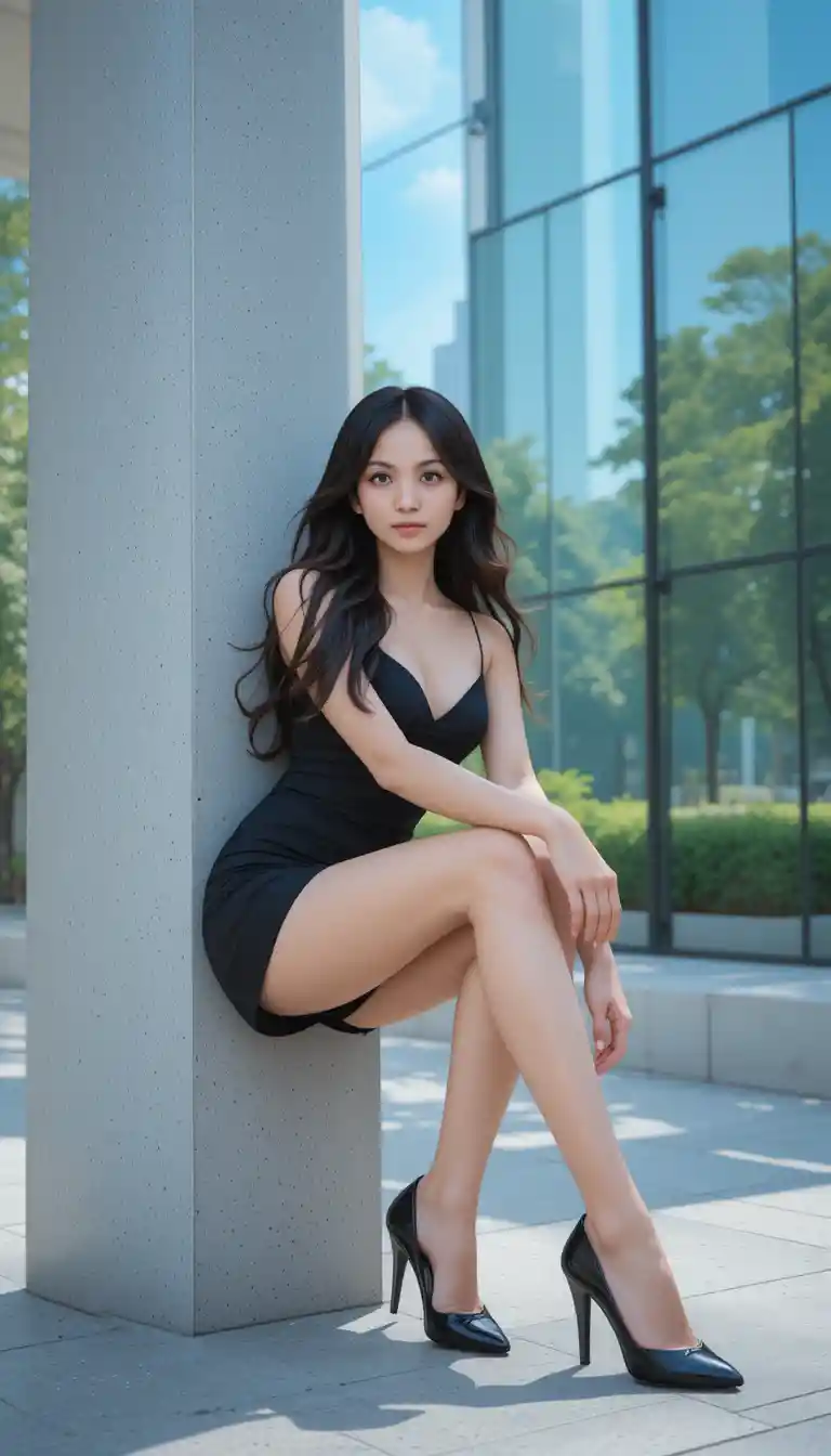 Stylish woman in black outfit by modern glass building
