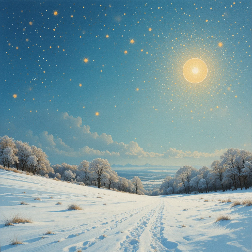 Verschneite Landschaft unter blauem Himmel mit funkelnden goldenen Schneeflocken