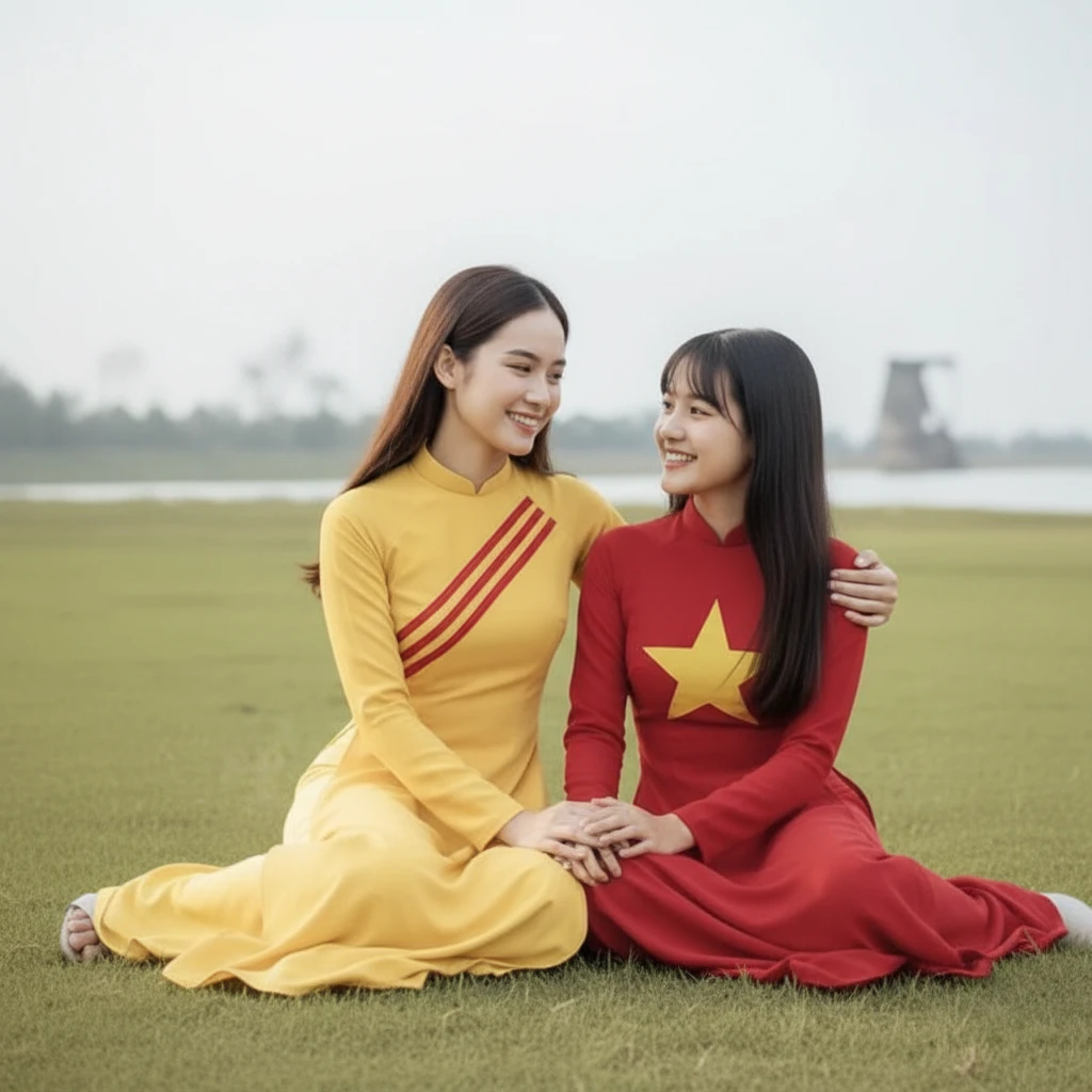 河邊草地上交談的兩位年輕姊妹