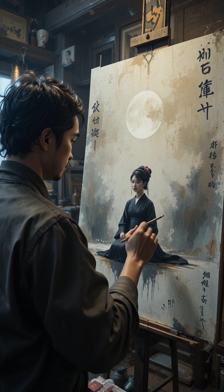 質素なアトリエで着物モデルをスケッチする日本人画家