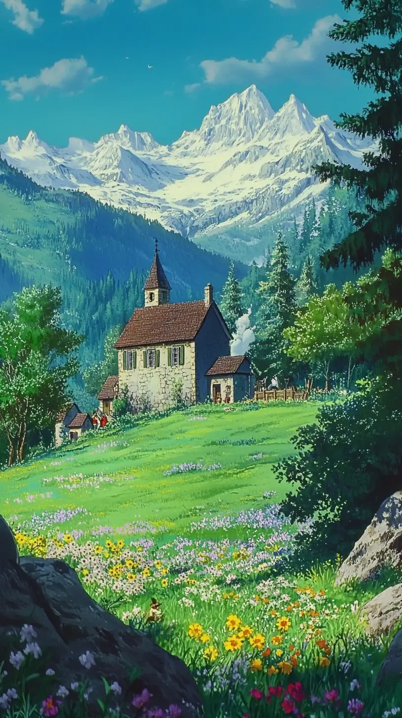 Aldea medieval de anime en un pacífico paisaje fantástico amurallado
