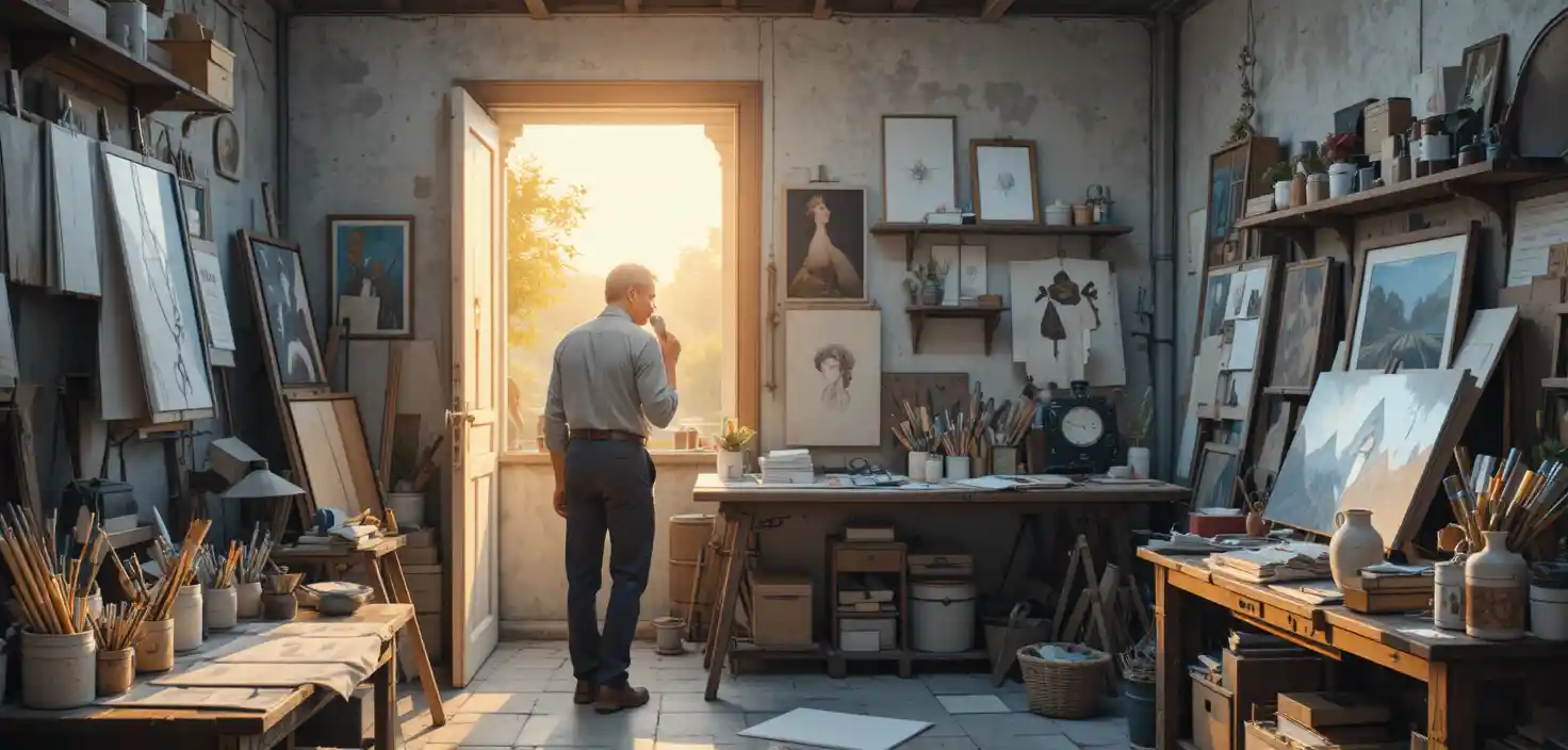 Morning light filling an artist studio with paints and brushes
