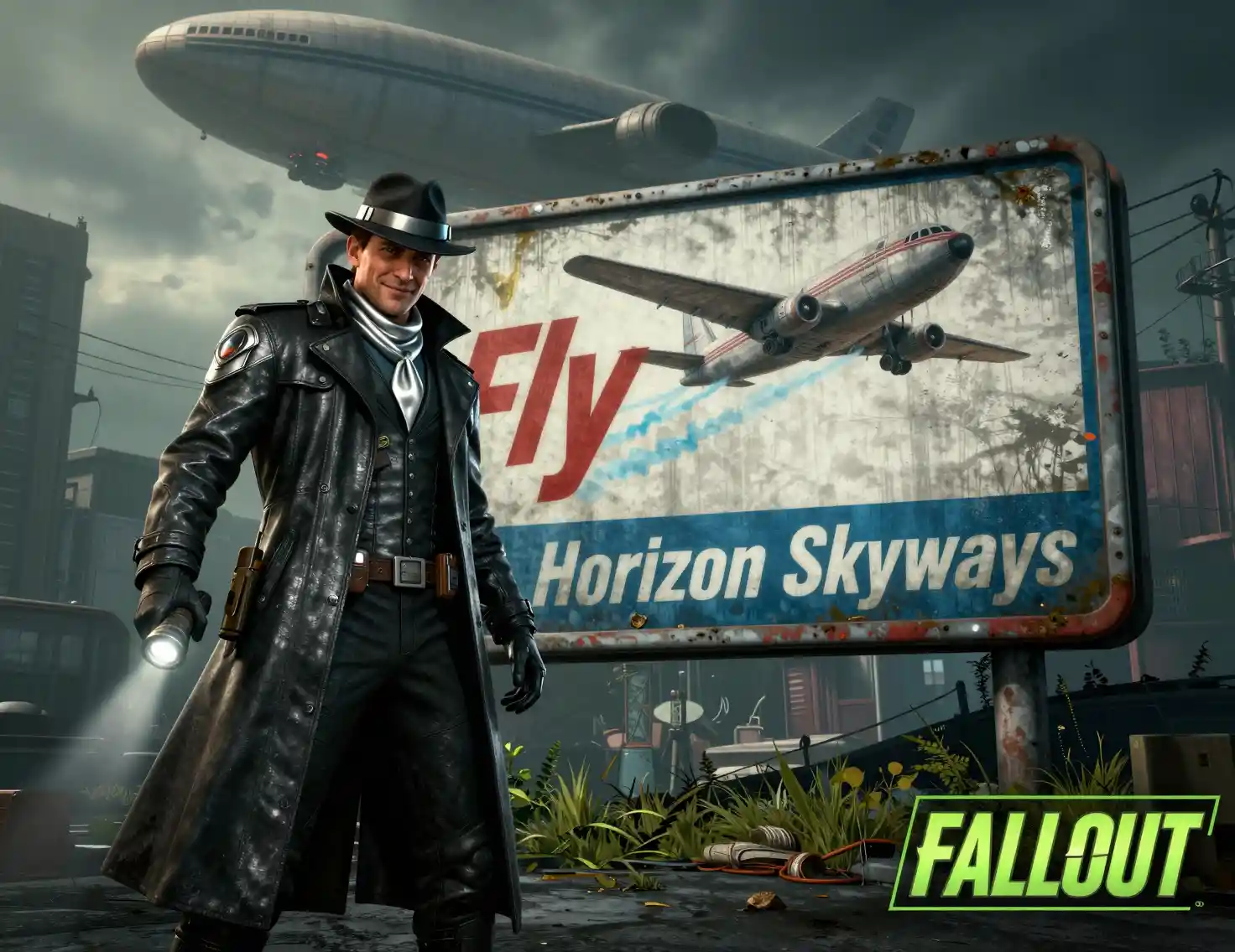 Smiling sci fi detective beside a worn retro flight billboard