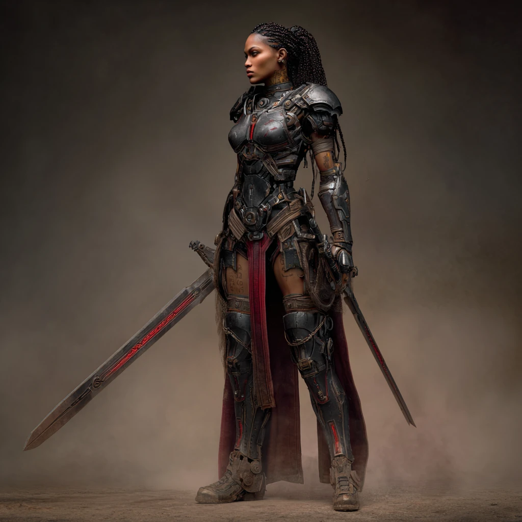 Female sci fi warrior in armor with glowing magic sword