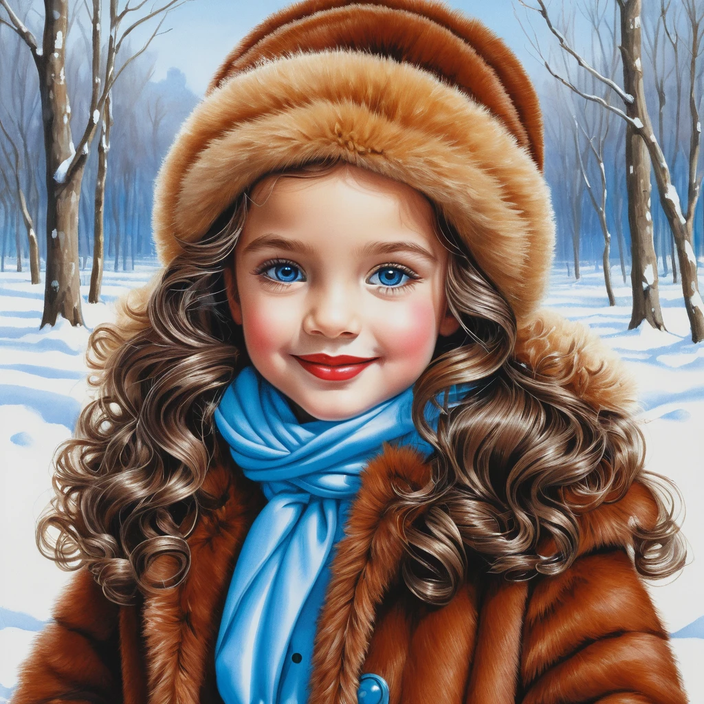 Smiling winter girl in fur coat colored pencil portrait