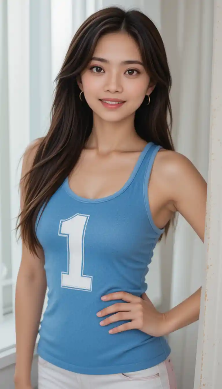밝은 창가에 서 있는 운동복 차림의 미소 짓는 여성