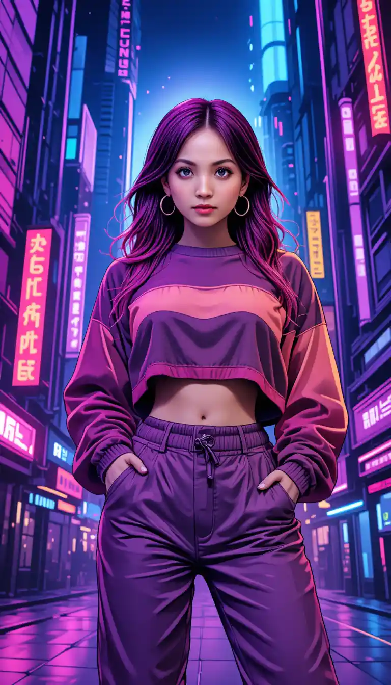 Femme aux cheveux roses et pleine d’assurance dans une ville futuriste néon