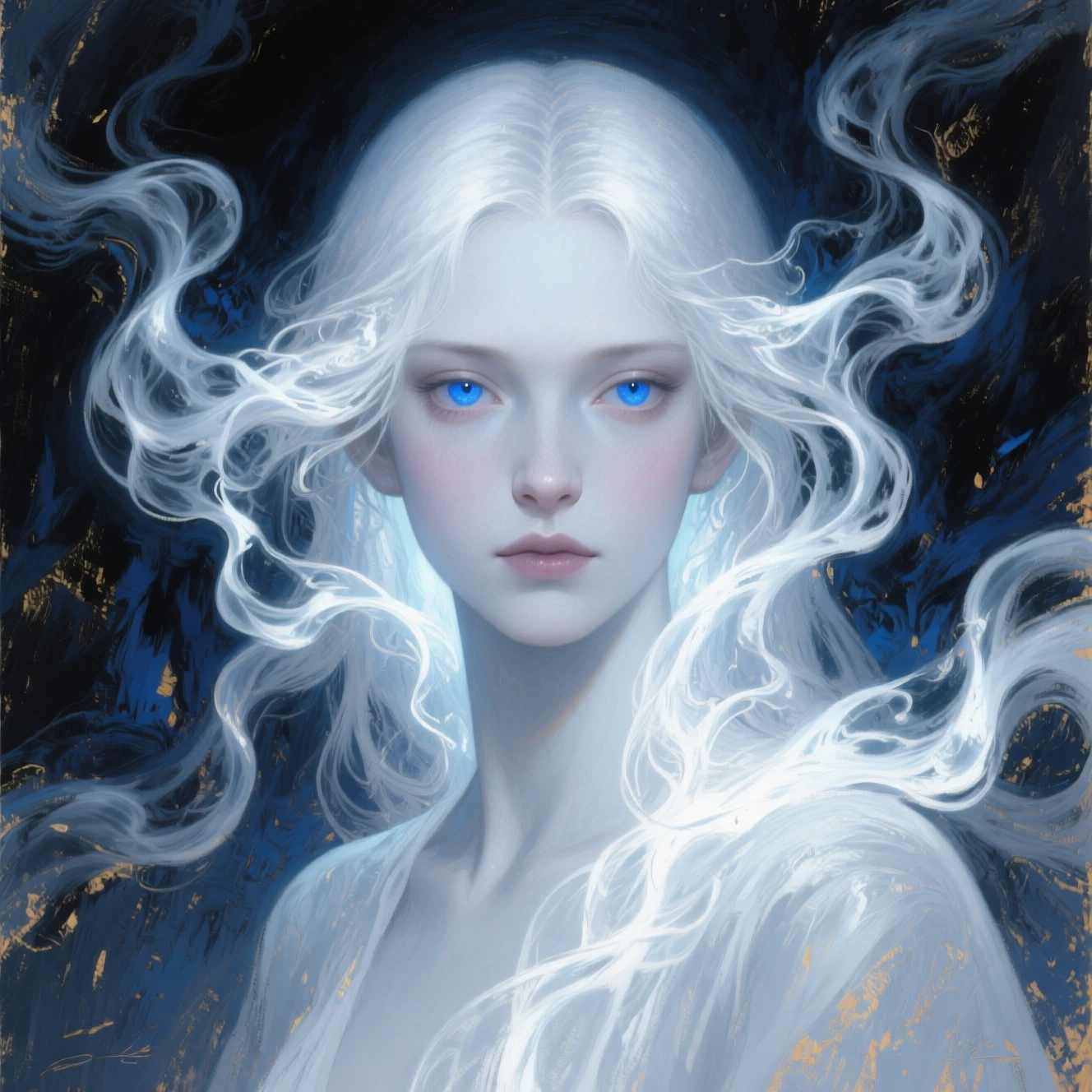 Mystical maiden portrait in swirling white smoke