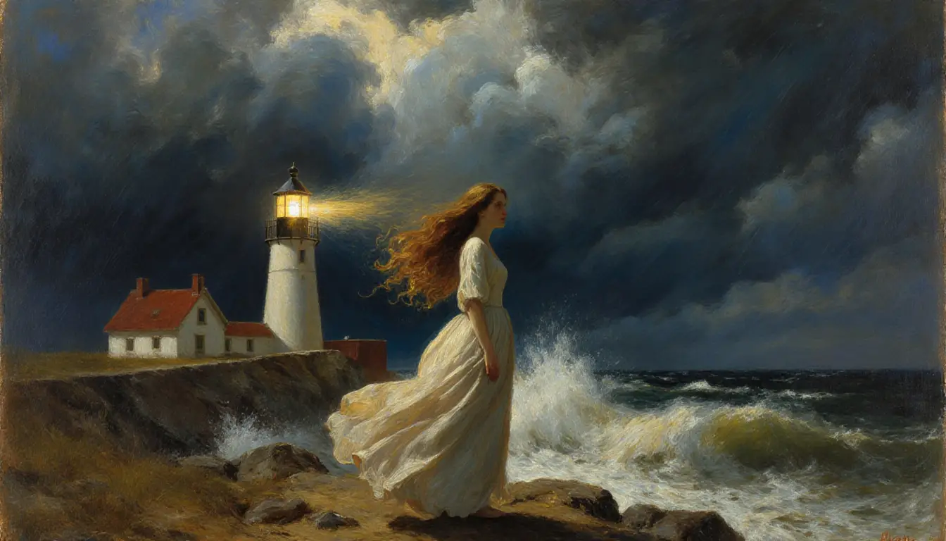 Woman in flowing dress on stormy lighthouse coast