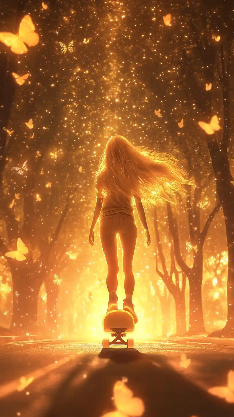 Young woman skating freely down a glowing city street
