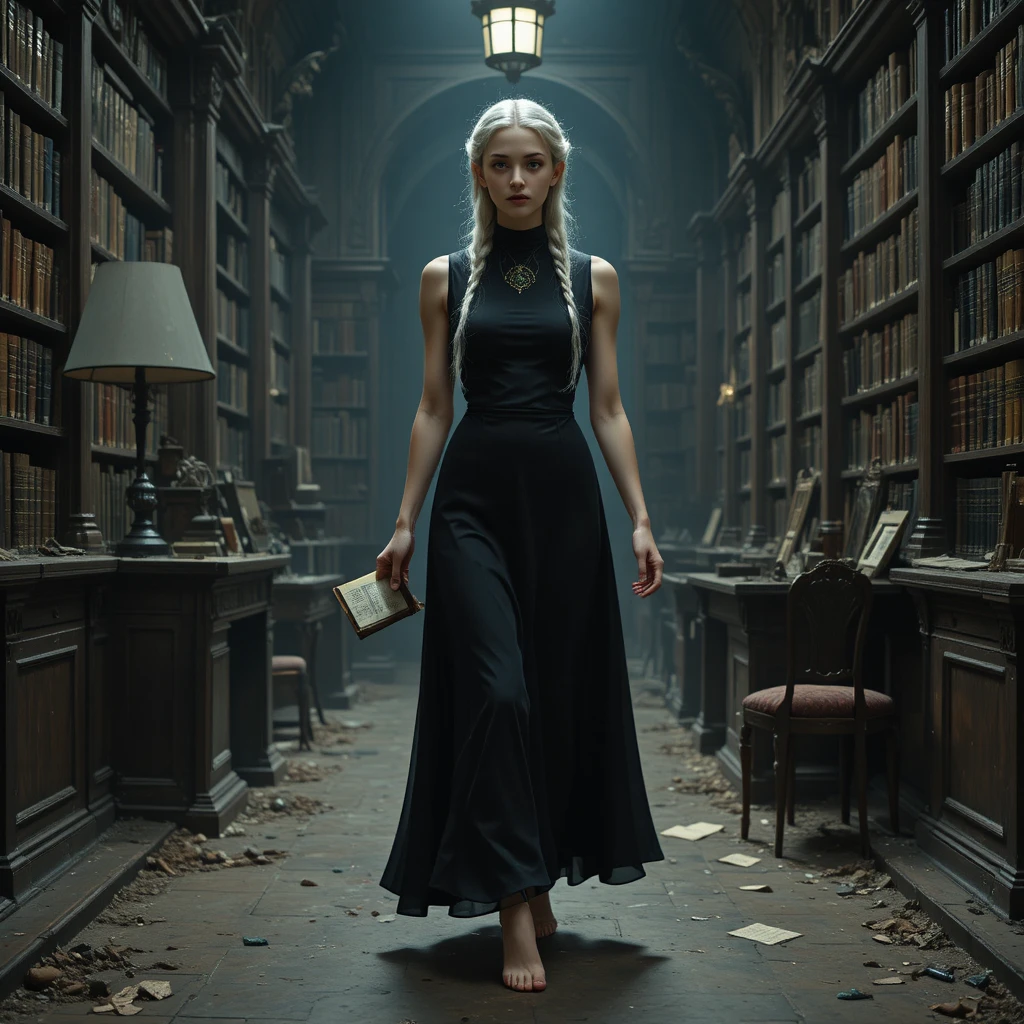Barefoot woman walking through a dusty mysterious library