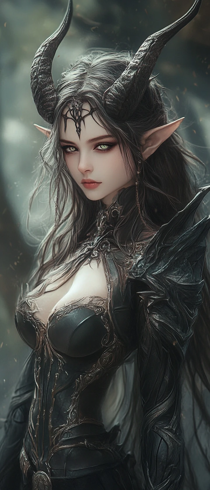 Elf woman with curved horns in misty dusk forest