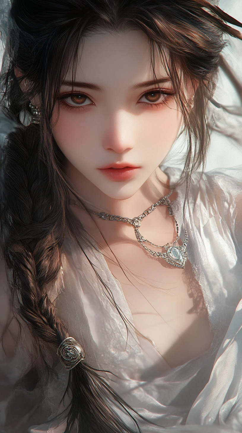 Anime woman portrait with braid in mystical fantasy haze
