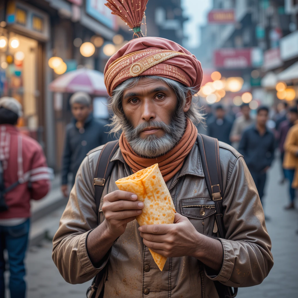 Monkey selling samosas on a busy Delhi street corner