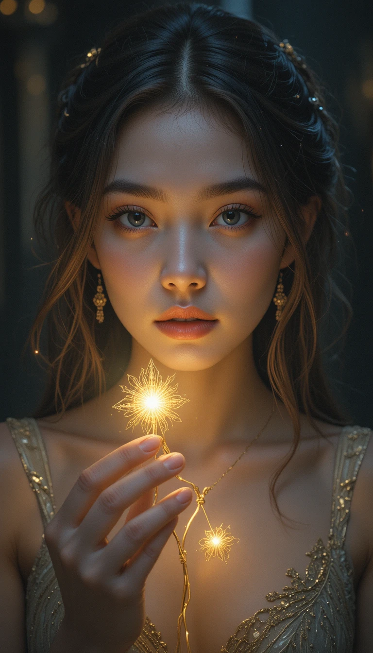 Young woman holding golden thread with glowing symbols