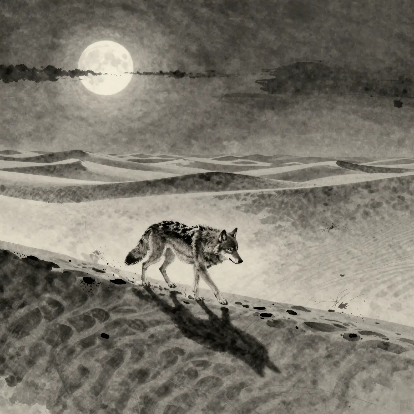 Lone wolf walking through a moonlit desert landscape