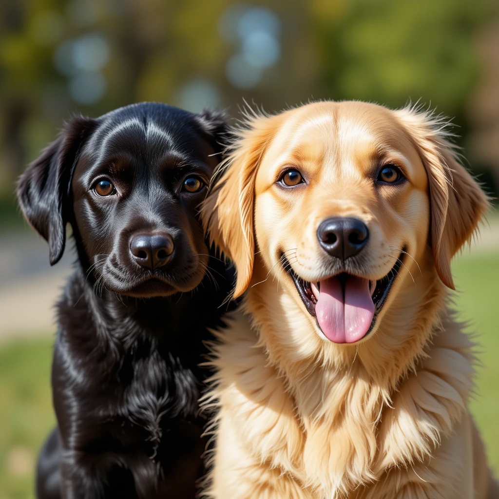 Schwarzer Labradorwelpe mit Golden Retriever an einem sonnigen Tag